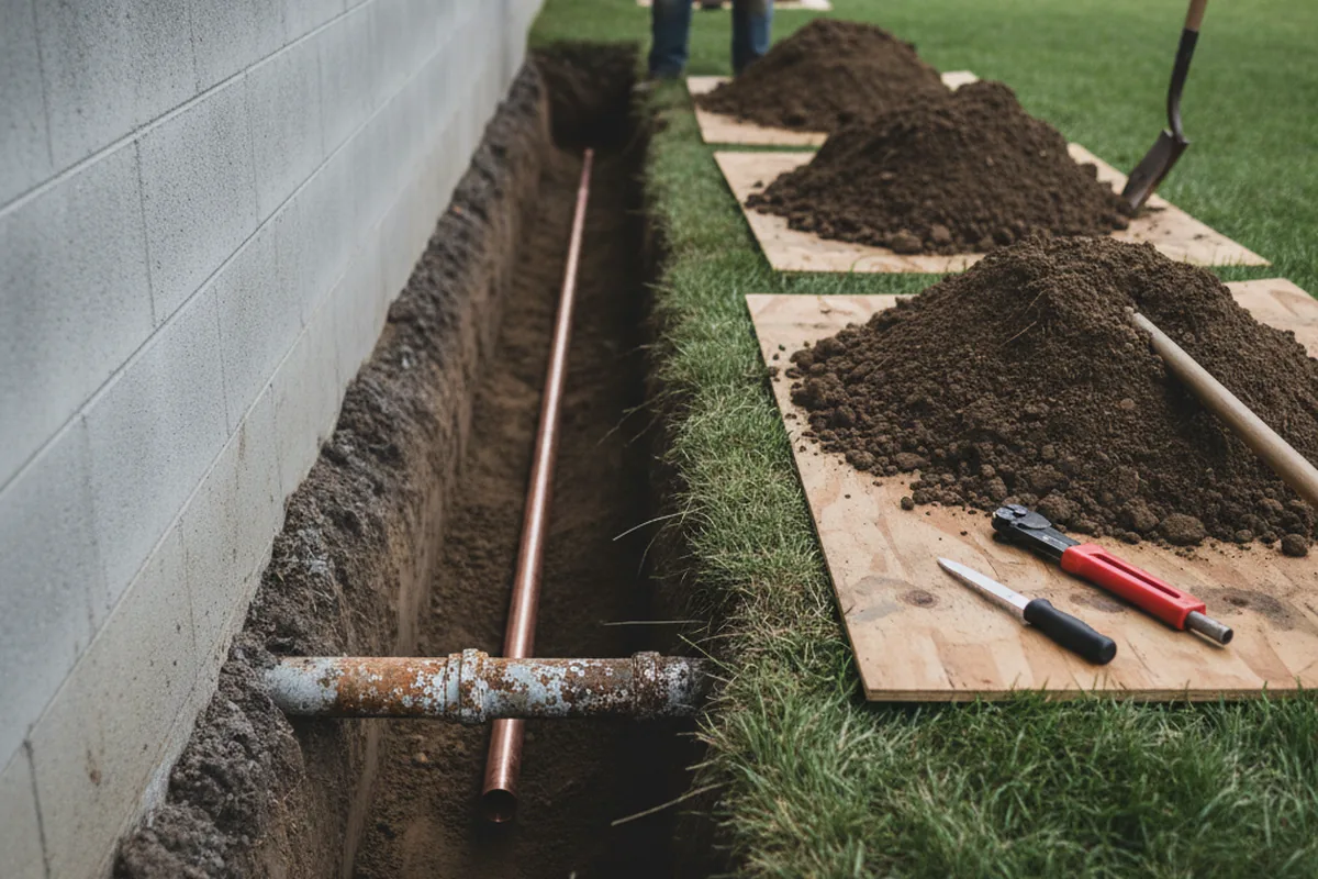 Excavated water line trench during Sewer Line Repair in Bokeelia